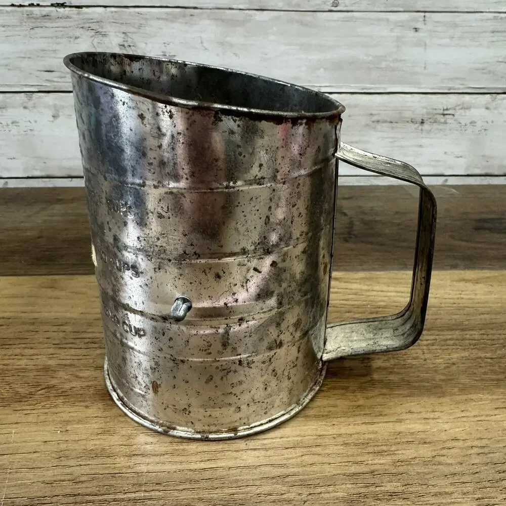 Vintage Bromwell's Measuring Cup Metal Flour Sifter Wood Handle